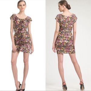 Anthropologie liefsdottir 100% Silk Feather Print Ruched Mini Dress, size 4